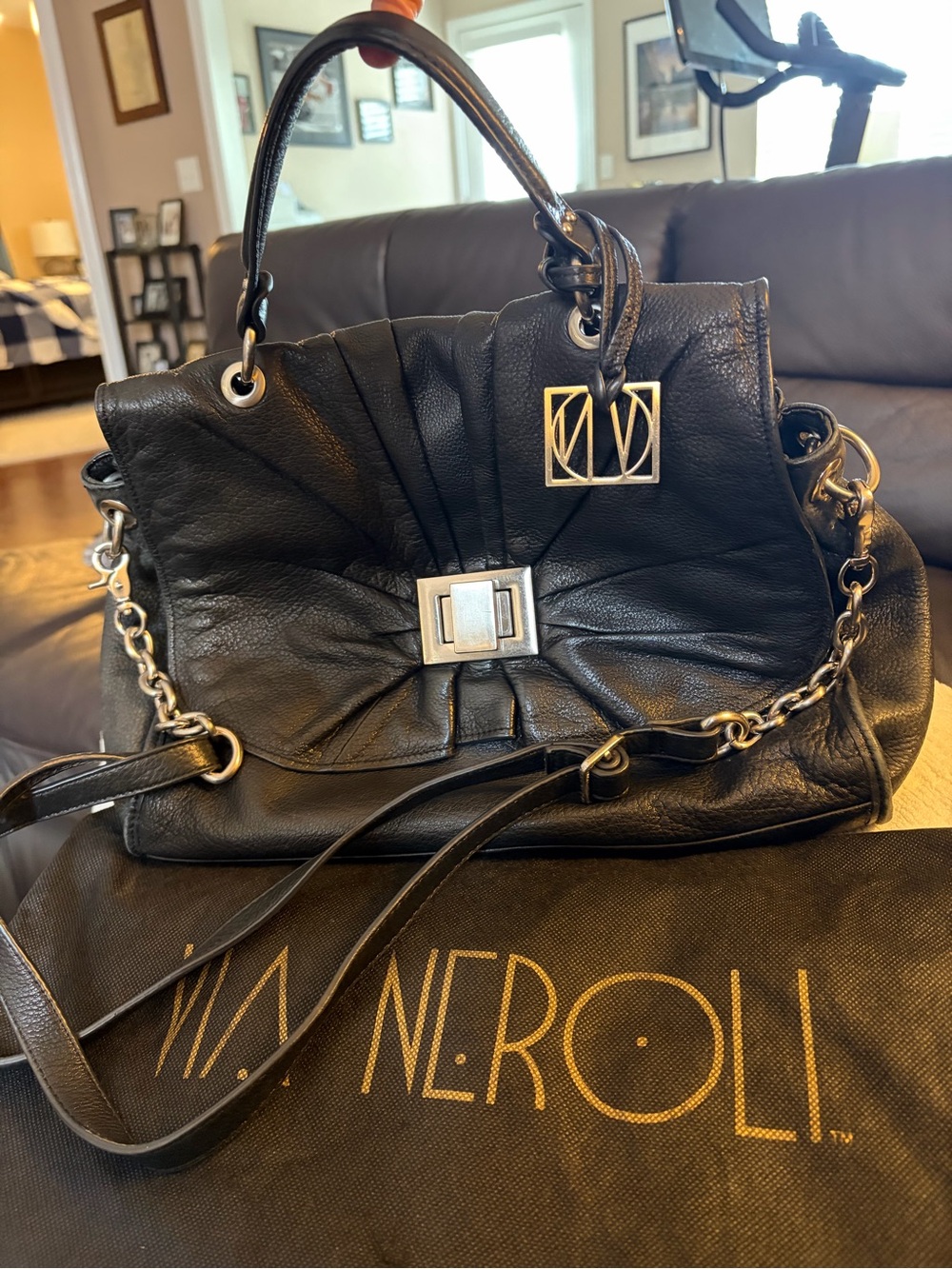 Via Neroli Black Leather Shoulder Bag with Chain Accents